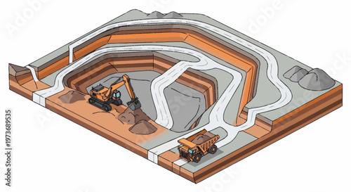 Open Pit Mining Operation with Excavator and Dump Truck.