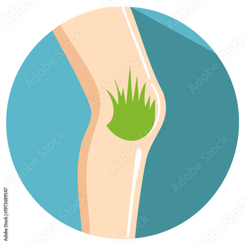Illustration of a knee with green grass inside of a circle.
