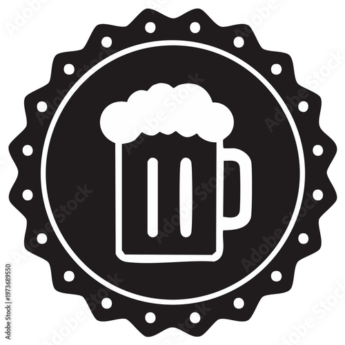 Beer Mug Foam Inside Bottle Cap Black And White Illustration
