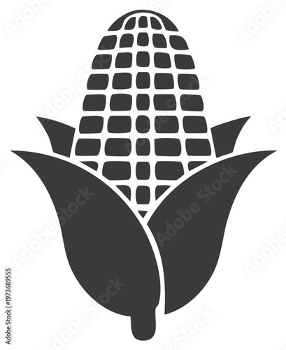 Black and white illustration of an ear of corn with leaves
