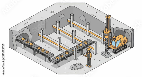 Construction site with drilling machine and conveyor belts.