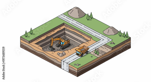 Excavator and Dump Truck in Open Pit Mine Construction.