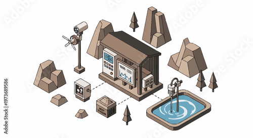 Isometric illustration of a water treatment facility with surrounding elements.