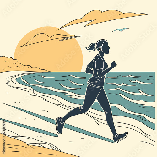 Energizing beach running scene with ocean waves and sunrise atmosphere. Perfect for fitness branding, wellness campaigns, and active lifestyle designs.