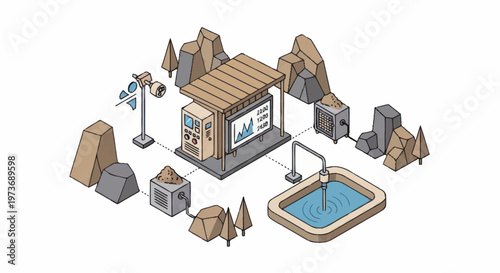 Isometric illustration of a modern gas station with digital displays.