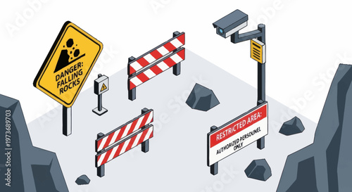 Construction Site Safety Equipment and Warning Signs.
