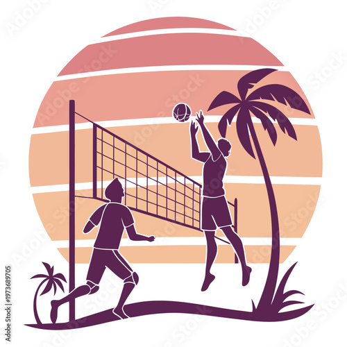 Energetic beach volleyball scene with players in action. Ideal for sports branding, event posters, and summer promotions.
