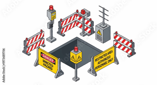 Construction Site Safety Barriers and Warning Signs Isometric.