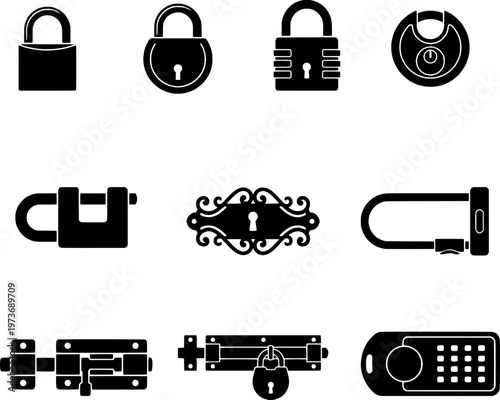 A set of black and white vector icons depicting various locks and security devices