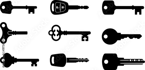 A set of various black keys on a white background, including house and car keys in a vector graphic illustration.