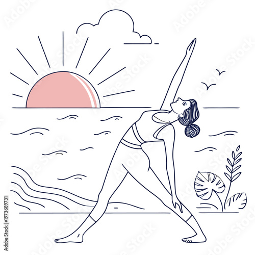 Peaceful beach yoga vector scene with calm ocean and sunrise background. Ideal for wellness branding, spa marketing, and relaxation themes.