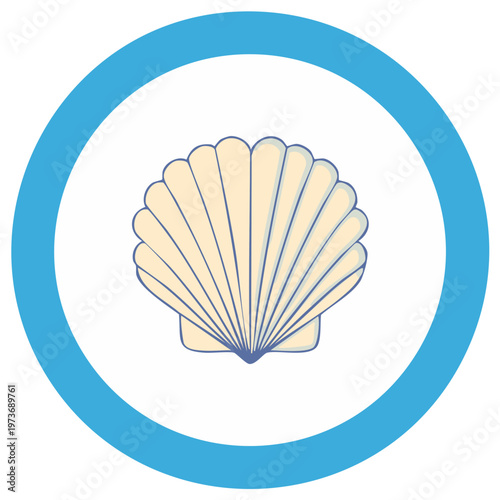 Illustration of a seashell inside a blue circle, summer concept.