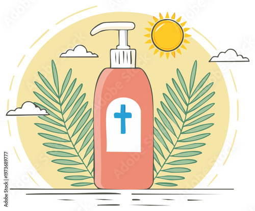Hand sanitizer bottle with a cross symbol, surrounded by palm leaves and sun.