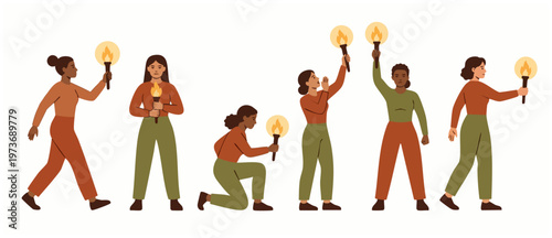 Diverse Women Holding Torches Set, Protesting Activists and Leadership Concept, Flat Vector Characters Illustrating Empowerment, Unity, and Social Change Movements in Various Poses for Modern Graphic