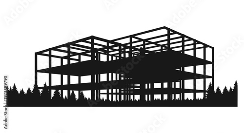 building framework silhouette an architectural structure on a construction site with trees depicting urban growth.