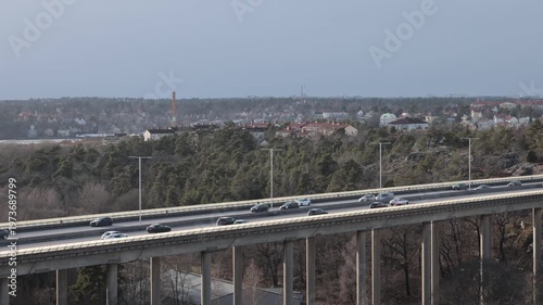 Stockholm, Sweden Traffic on the E4 elevated highway known as the Essingeleden.