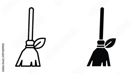 Two contrasting depictions of a classic witch's broomstick with leaf handles