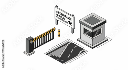 Isometric Mine Entrance Security and Access Control Elements.