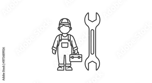 line art illustration featuring a professional mechanic or handyman holding a toolbox next to a large wrench symbolizing technical support and repair services.