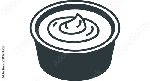 a simple line art illustration of a small condiment cup filled with sauce ideal for food packaging and takeout menus