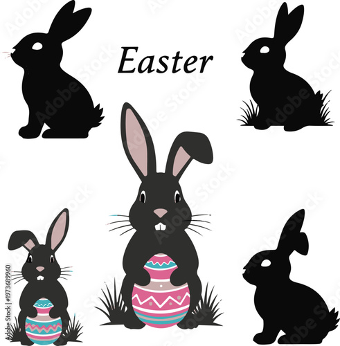 Easter Bunny Silhouette and Character Set with Colorful Easter Eggs and Grass Vector