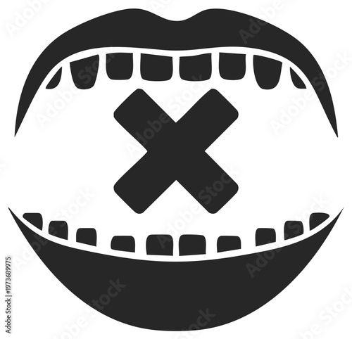 Muted mouth with cross mark symbolizing silence censorship and restricted communication