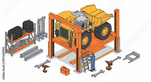 Heavy Machinery Repair and Maintenance Workshop Scene.