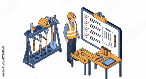 Construction worker with tools and checklist board.