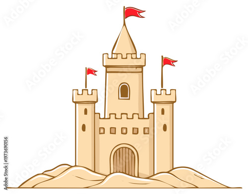 Cartoon Sandcastle with Red Flags and Gate on Dunes Illustration