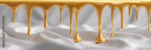 Golden honey drips from glossy edge onto smooth white fabric-like surface, ideal for luxury dessert advertising and editorial food styling