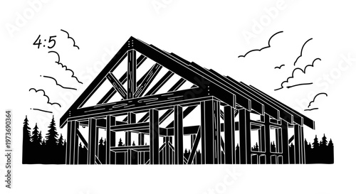 black and white doodle construction illustration of a timber frame house being built in a natural forest setting symbolizing growth and craftsmanship.