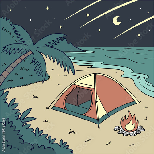 Relaxing beach camping scene with tent and night sky. Ideal for outdoor lifestyle, travel branding, and adventure visuals.
