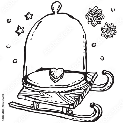 A transparent glass stylized dome on wooden sled