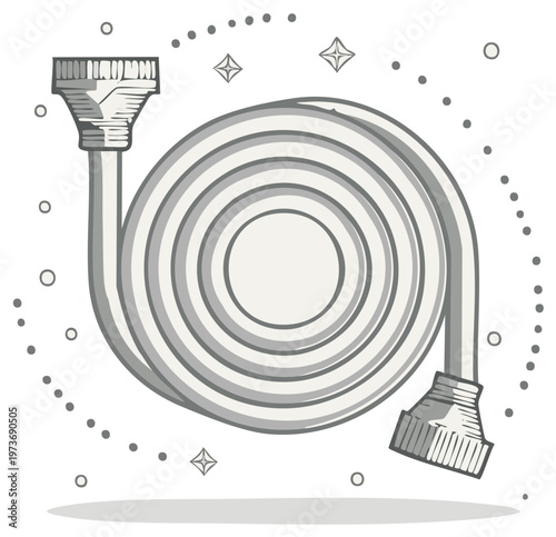Detailed illustration of a coiled garden hose with classic connectors and decorative dots.