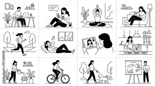 This illustration set features a wide range of modern lifestyle scenarios depicted in a clean minimalist black and white line art style.