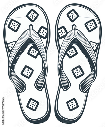 Illustration of a pair of flip flops with decorative square patterns and straps