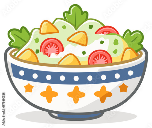 Cartoon salad bowl illustration with lettuce, tomatoes, cheese, and dressing for healthy eating and freshness.