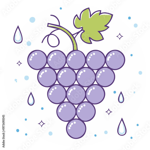 Vibrant cartoon illustration of a fresh purple grape cluster with green leaf and refreshing dew drops