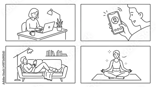 This illustration set features a wide range of modern lifestyle scenarios depicted in a clean minimalist black and white line art style.