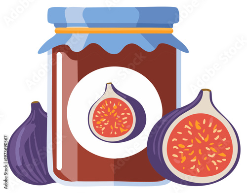 Fig Jam in Glass Jar with Fresh Figs Still Life Food Illustration Vector Art