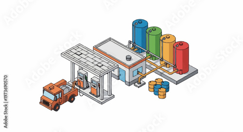 Isometric Gas Station and Fuel Storage Facility Illustration.