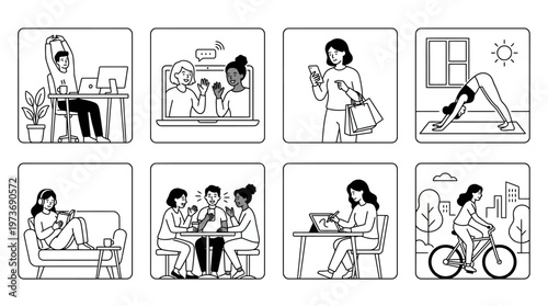 This illustration set features a wide range of modern lifestyle scenarios depicted in a clean minimalist black and white line art style.
