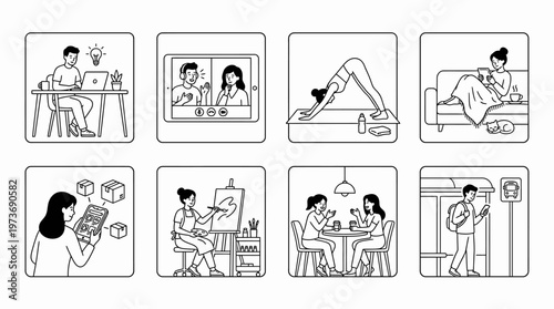 This illustration set features a wide range of modern lifestyle scenarios depicted in a clean minimalist black and white line art style.