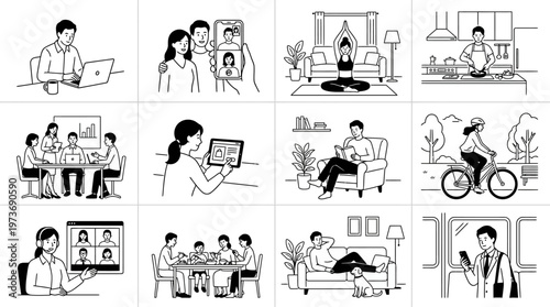 This illustration set features a wide range of modern lifestyle scenarios depicted in a clean minimalist black and white line art style.