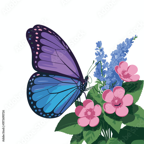 Butterfly on a colorful flower in nature with wings open flying in spring and summer