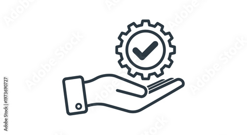 a hand delivering quality control and service solutions featuring a gear with a success check symbolizing reliable process management.