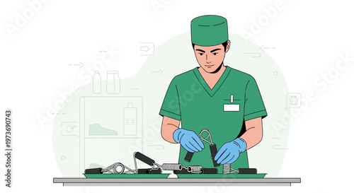 Healthcare professional in green scrubs and blue gloves preparing medical instruments