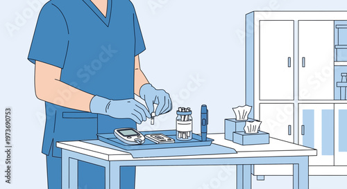 Healthcare professional prepares blood glucose test kit with meter and lancets