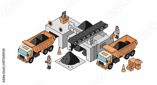 Industrial coal processing plant with trucks and conveyor belt.