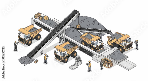 Industrial mining operation with trucks and conveyor belts.